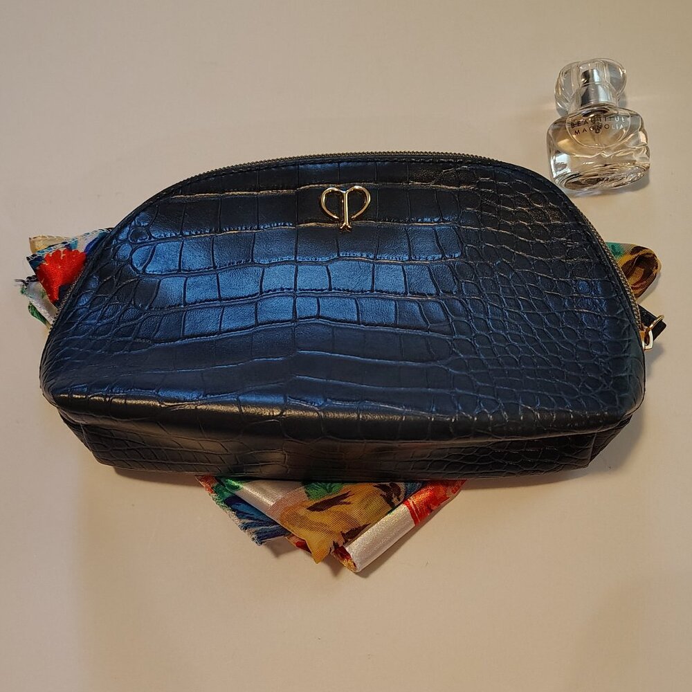 cle de peau Navy blue in faux reptile skin makeup cosmetics bag